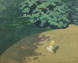 Ballongen eller hörnet av en park med ett barn som leker med en ballong, 1899 (olja på kort på panelen)
